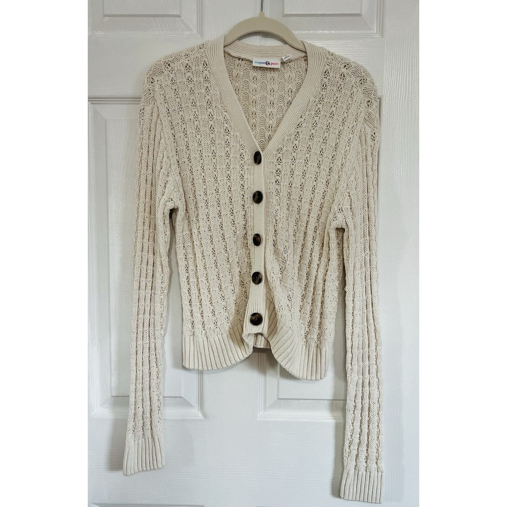 Sugar & Jade Girls XL Cream Cable Knit‎ Cardigan Button Front Cottagecore Cozy